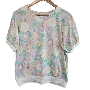 Vintage Floral Blouse Womens XL Pink Pastel Cottage 90s Whimsical Retro Granny